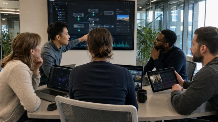 Team reviewing an AI pipeline diagram on a wall display with live video participants and laptops open around the table